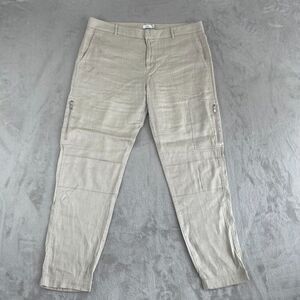 VINCE Linen Cargo Pants Women 10 Beige Elastic Leg Openings Zip Pockets Designer
